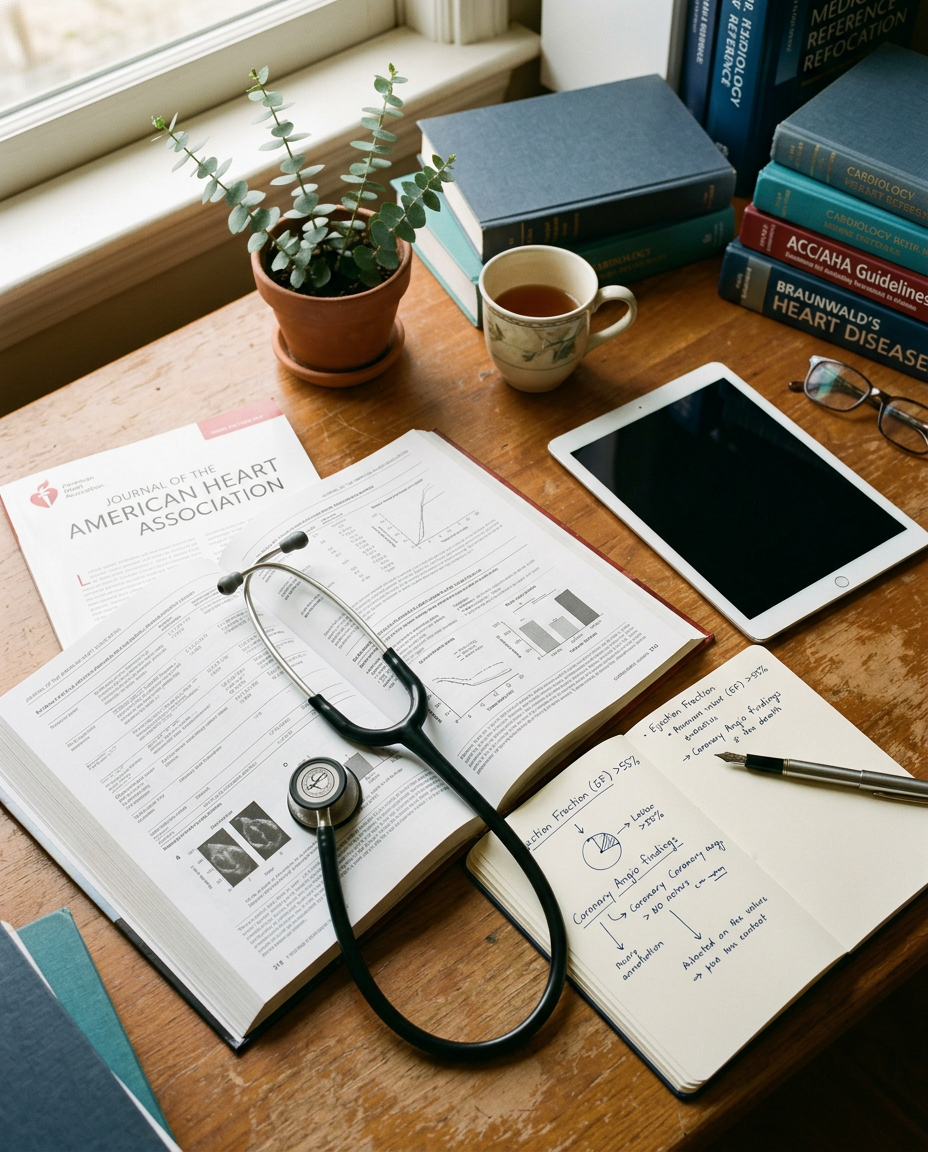 Clinical writing desk with peer-reviewed medical journals, stethoscope and evidence tables under natural light